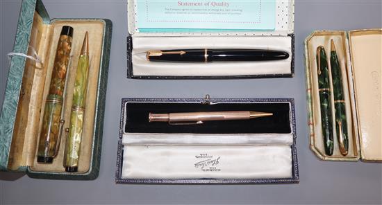A Parker Duofold pen set, a Conway Stewart pen set, gold plated pencil and one other boxed Parker pen.